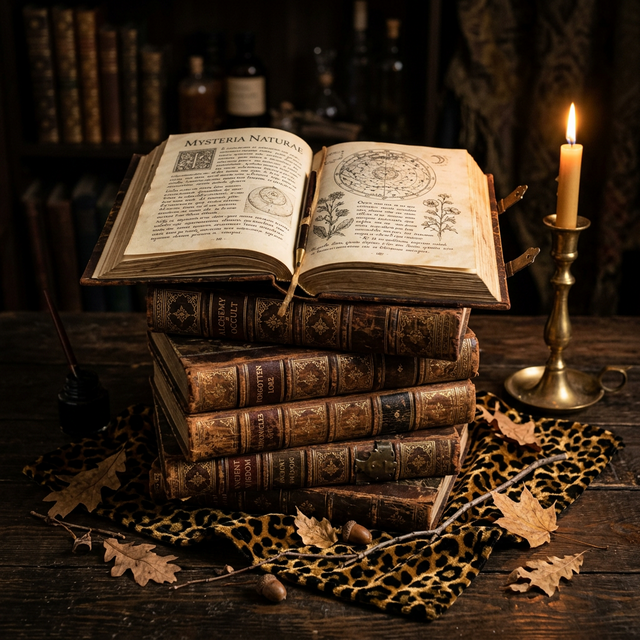 Libros antiguos encuadernados en cuero sobre mesa de madera con luz de vela