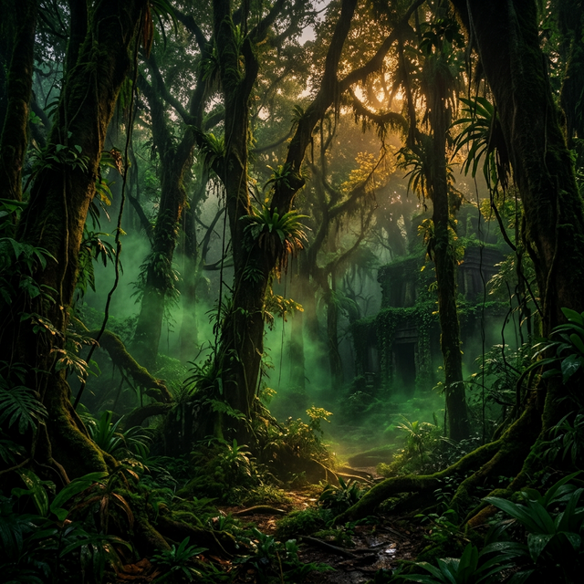 Selva mística con bruma dorada entre árboles ancestrales