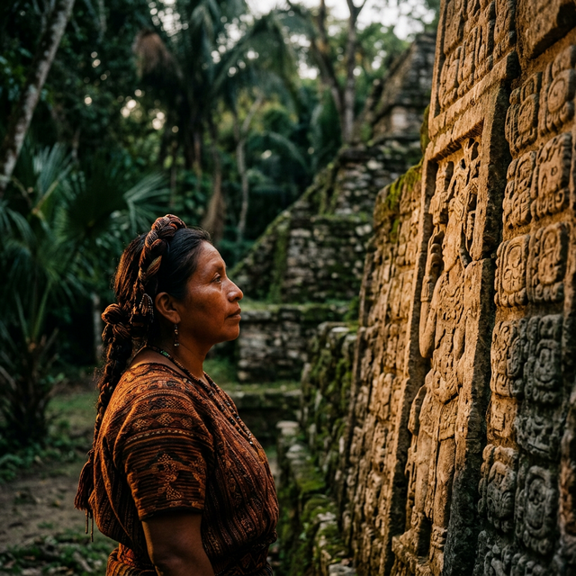 Itzel contemplando grabados ancestrales en una pirámide maya